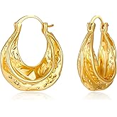 Chunky Hoop Earrings for Women 14K Gold Plated Hammered Texture Thick Wide Hoops Hypoallergenic Statement Jewelry Gifts