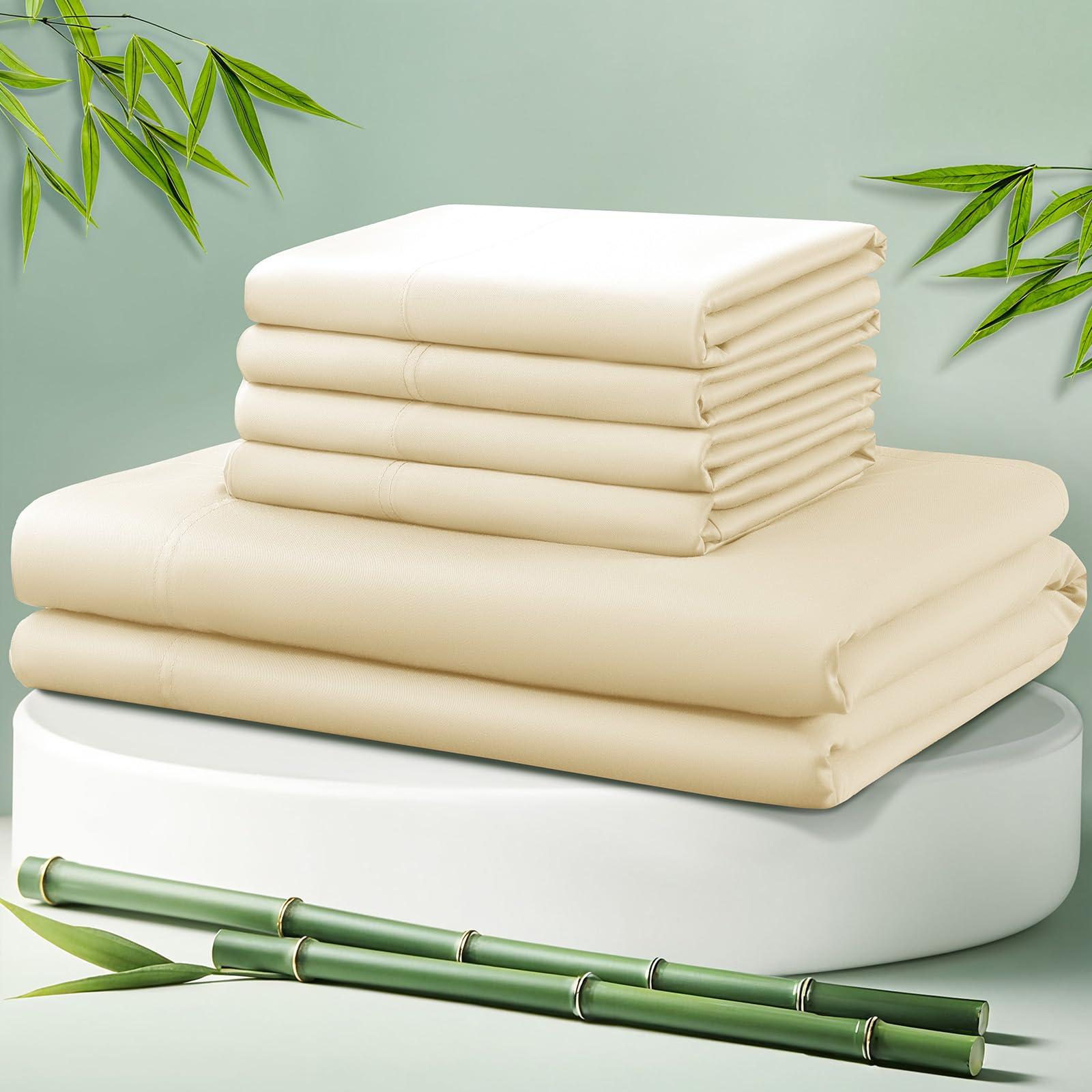 Photo 1 of LBRO2M Cooling Bed Sheet 100% Viscose Derived from Bamboo Sheet Set Queen Size 6 Piece,16" Deep Pocket, 1800 TC Sheet Super Soft Silky Smooth,Breathable Cool (Queen Beige)