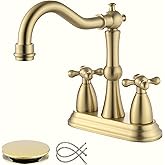 Antique Bathroom Faucet Brushed Gold, Senhozi Cross Handles Centerset Bathroom Faucet for Sink 3 Hole with Overflow Pop Up Drain Assembly and Supply Hose, SUS304 RV Bathroom Faucet 3 Hole, SE-0038-BG