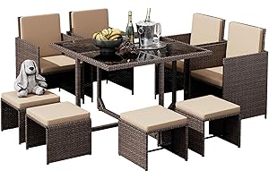 LHBcraft 9 Pieces Patio Dining Furniture Sets, Outdoor Space Saving Rattan Chairs with Glass Table, Wicker Patio Conversation Furniture Set Cushioned Seating and Back Sectional Dining Sets (BR-BE)