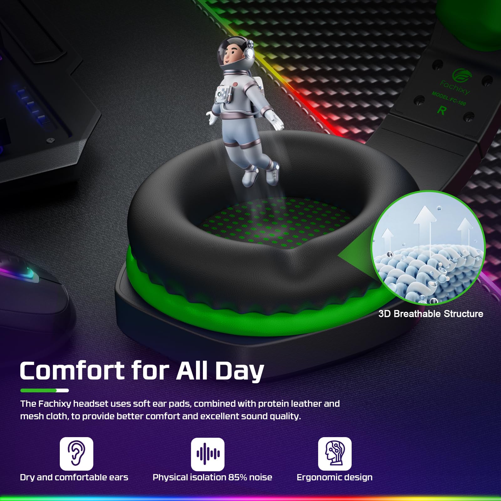 Fachixy FC100 Gaming Headset with Microphone for PS4, PS5, Switch, Xbox, PC, Mac, Gamer Headset with RGB Light, Computer Headphones with Mic