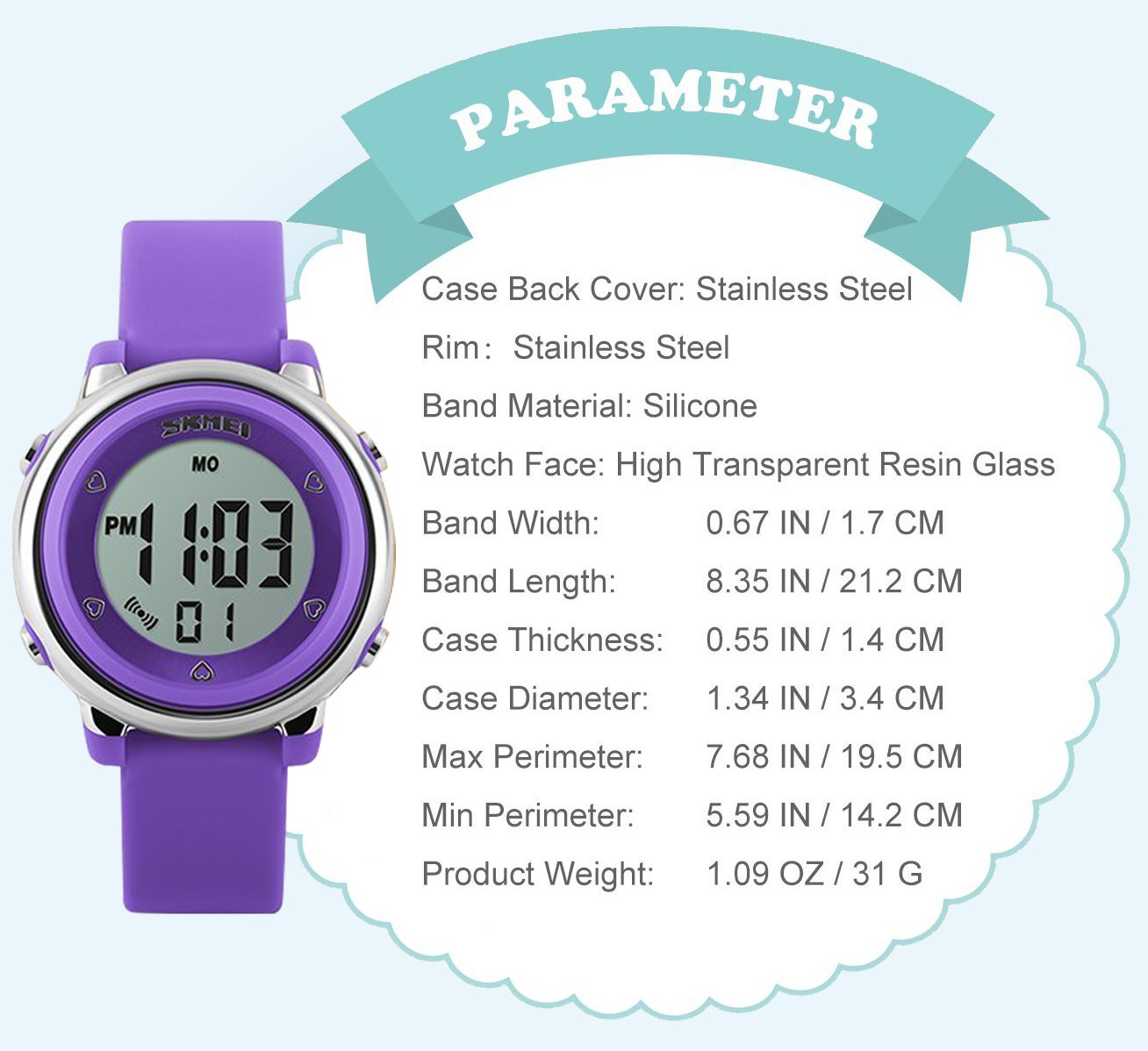 ENFANTS numériques montres de sport – Filles 5 ATM étanche montre de sport avec alarme Chronomètre, montre bracelet avec 7 LED rétroéclairé pour enfants par Yesure