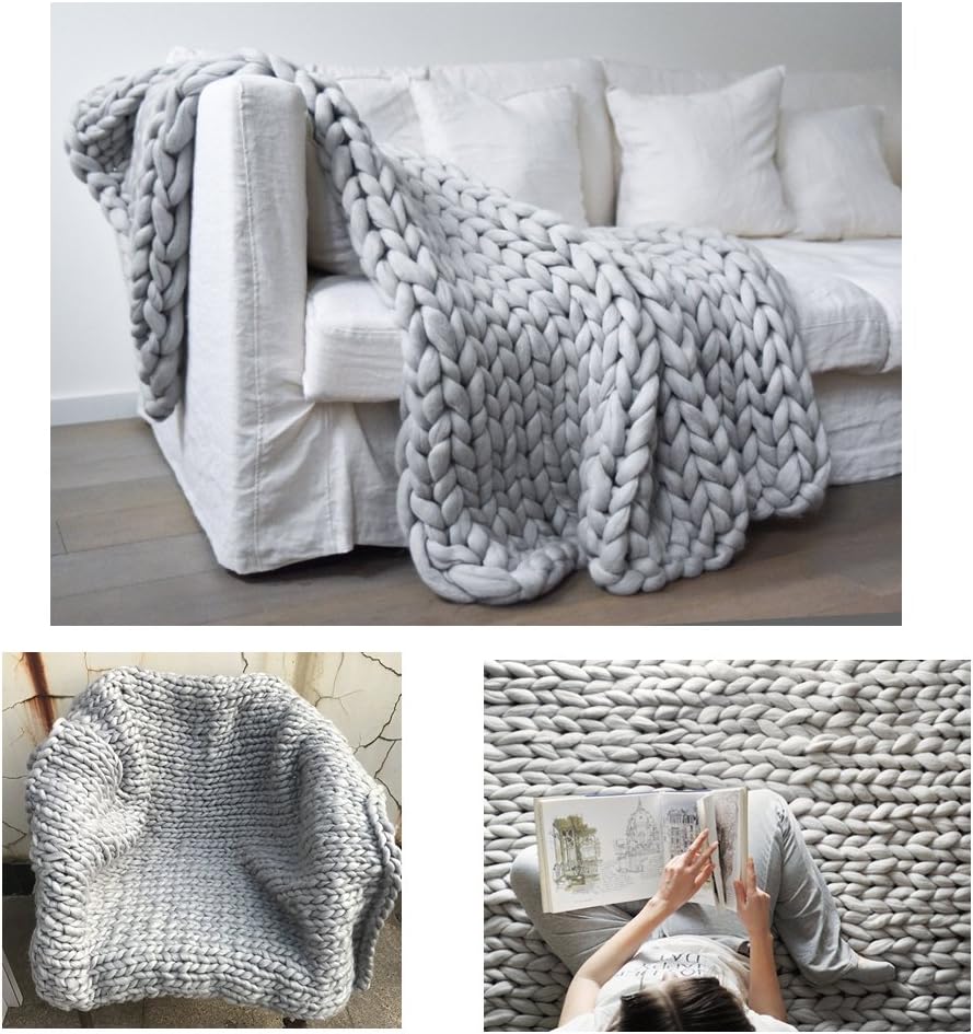 Chunky Wool Blanket Hat Blanket Crochet Arm Kniting Bed Throw Giant Yarn Super Bulky Knitted plaid Knit Thick Anniversary Housewarming Gift (40 x 60 inches- Standard Blanket, light grey)