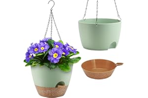 QRRICA 10-Inch Self-Watering Hanging Planters, Plastic Planters with Drainage Holes and Saucers, Hanging Baskets, Nursery Planting Pots for Indoor Plants, 2-Pack, Green