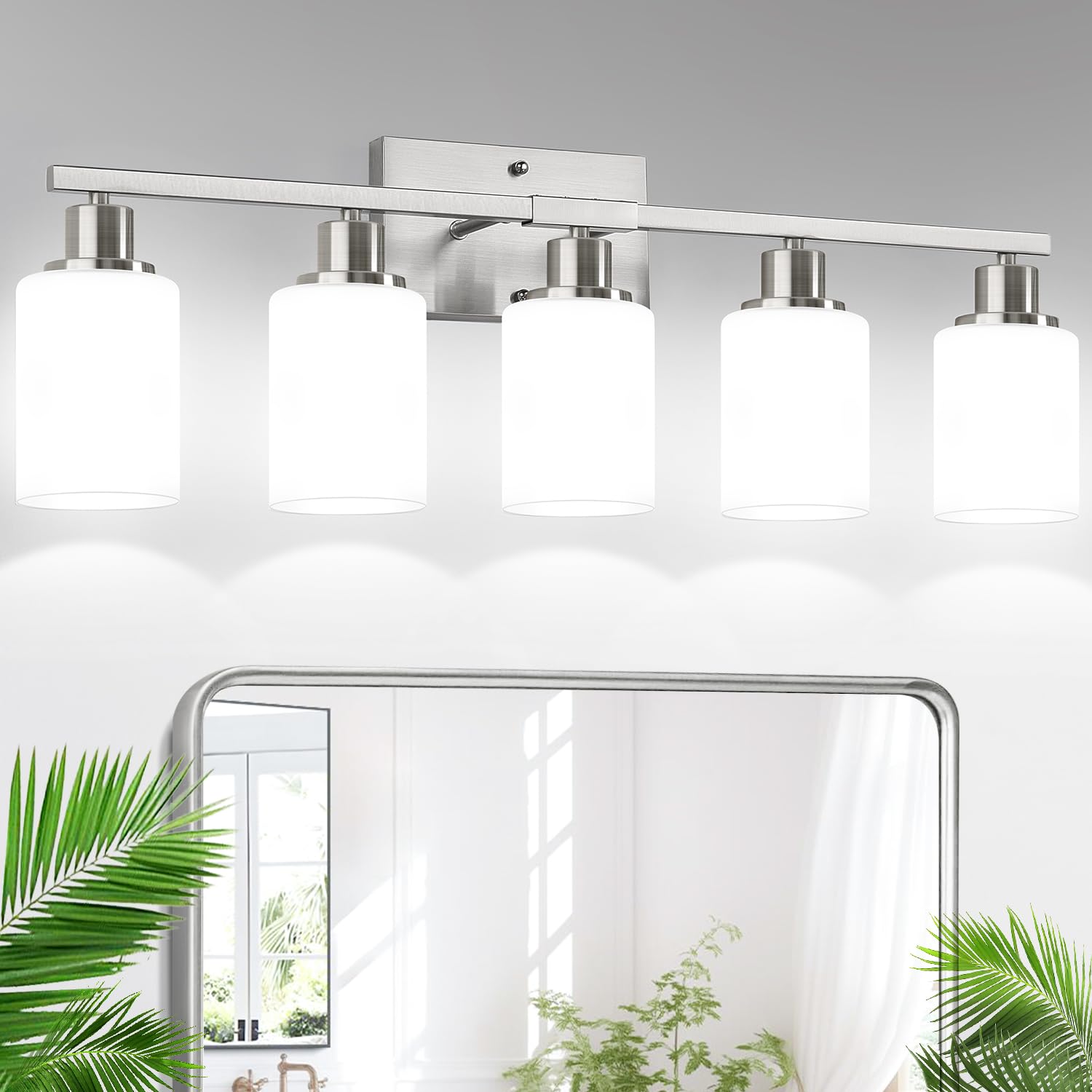 5-Light Brushed Nickel Bathroom Vanity Light with Milky White Frosted Glass Shades, Modern Bathroom Light Fixtures, Up/Down Reversible Lighting for Mirror, Bedroom, Kitchen, Living Room, Hallway Image