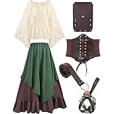Hillban Women Medieval Renaissance Dress Costume Halloween Blouse Top Skirt Pouch Bottle Corset Belt