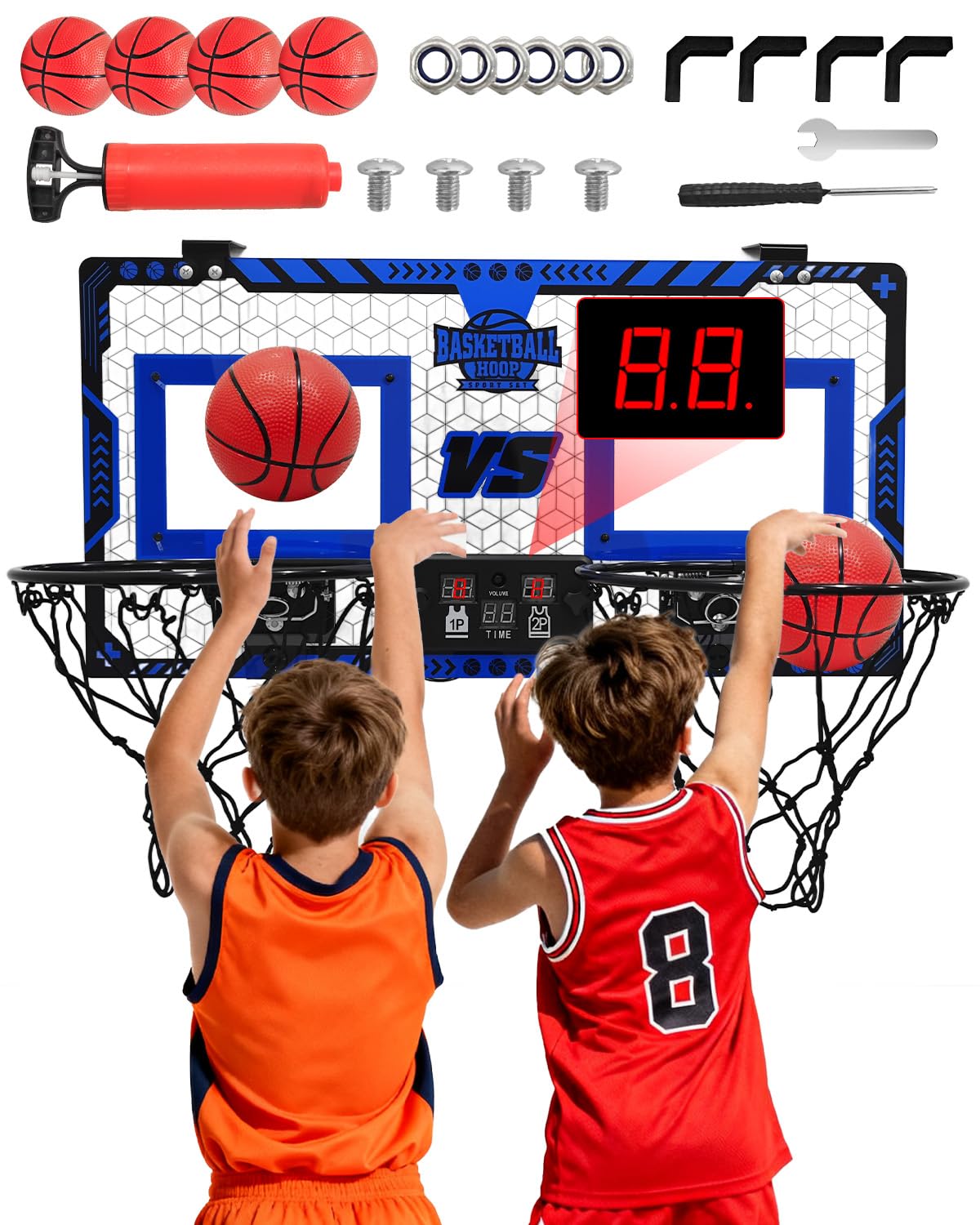 Basketball Hoop Indoor for Kids with 2 Players, Wall-Mounted with Scoreboard & LED Lights, Includes 4 Balls, for for Boys Girls Age 3-12 Years