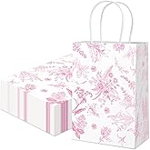 Gueevin 24 Pcs Pink Floral Gift Bags Bulk Flower Party Small Paper Bags with Handles Decorative Packaging Goodie Candy Treat Pouches for Wedding Birthday Tea Party, 5.9 x 8.3 x 3.1 Inch