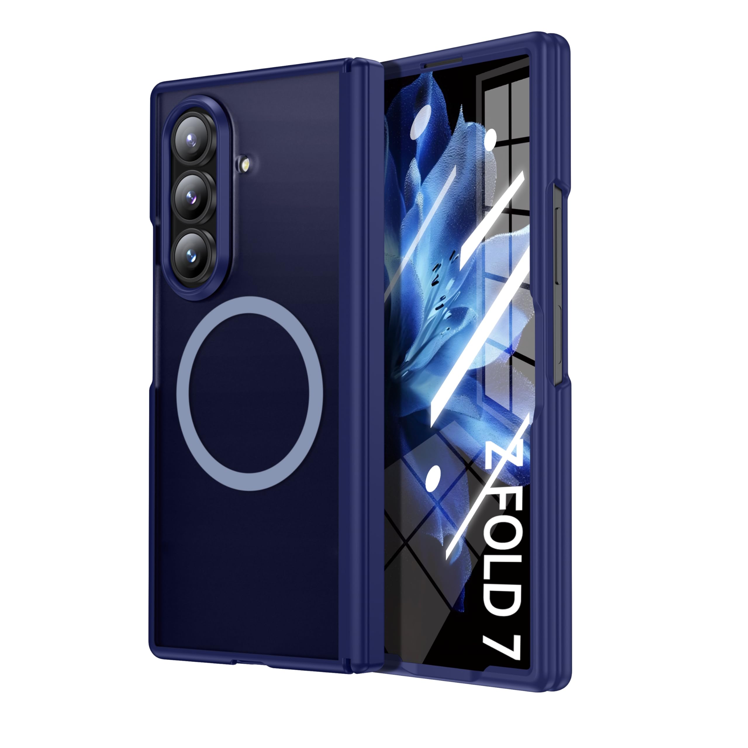 for Samsung Galaxy-Z-Fold-7 Magnetic Case: Compatible with Magsafe & Built-in Hinge Protection & HD Screen Protector - Lightweight Durable Translucent Matte Phone Cover for Z Fold7 5G 2025 (Blue)