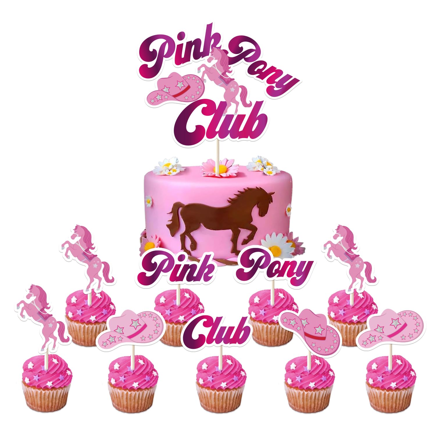Photo 1 of 10Pcs Pink Pony Club Cake topper Decorations with 9pcs Cupcake Toppers, 1pcs Big Cake Topper for Bachelorette Decorations, Birthday Party Sign, Concert Bday Background, Cowgirl Bach Supplies