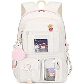 Backpack for Girls with Accessories Laptop Bookbags 16 Inch Kawaii Kids Elementary Middle High School Bag College Travel Daypack Gifts for Teens Women Students (Off-white)