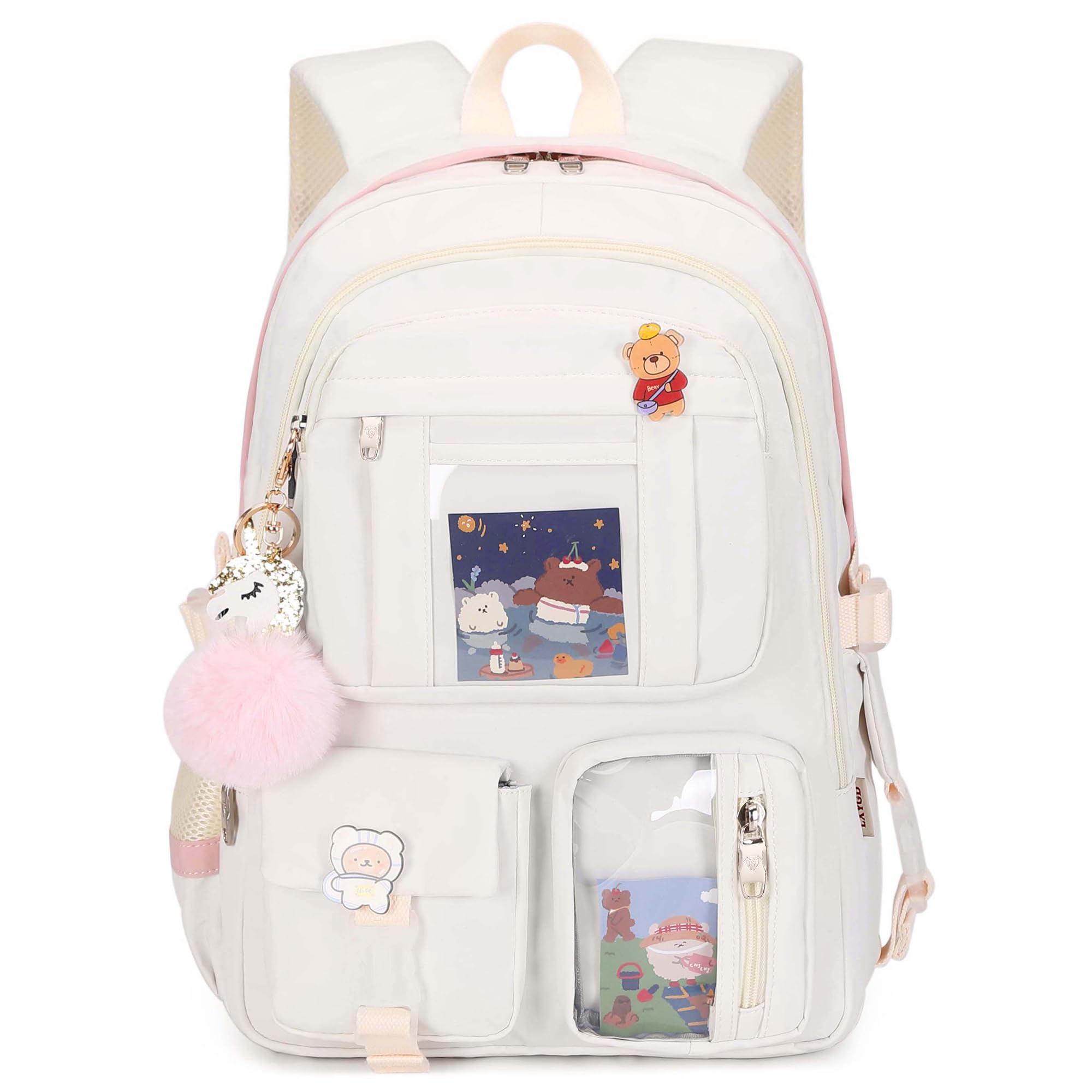 Photo 1 of Backpack for Girls with Accessories Laptop Bookbags 16 Inch Kawaii Kids Elementary Middle High School Bag College Travel Daypack Gifts for Teens Women Students (Off-white)