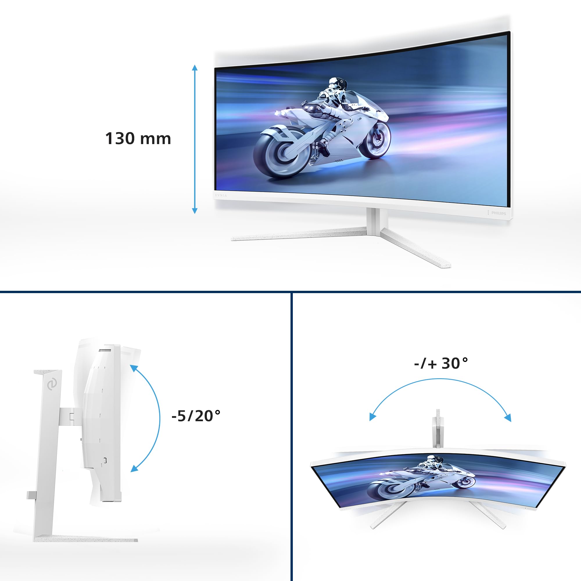 Philips Evnia 34M2C5501A - 34 Zoll WQHD Curved Gaming Monitor, 180 Hz, 1 ms, FreeSync Premium, Ambiglow (3440x1440, 2X HDMI 2.0, 1x DisplayPort 1.4, USB Hub) Weiss 5
