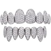 18K Gold Silver Pave Full CZ Grillz 8 Teeth Top and Bottom Grillz + Extra 2 Molding Bars