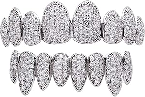 canjoyn 18K Gold Silver Pave Full CZ Grillz 8 Teeth Top and Bottom Grillz + Extra 2 Molding Bars