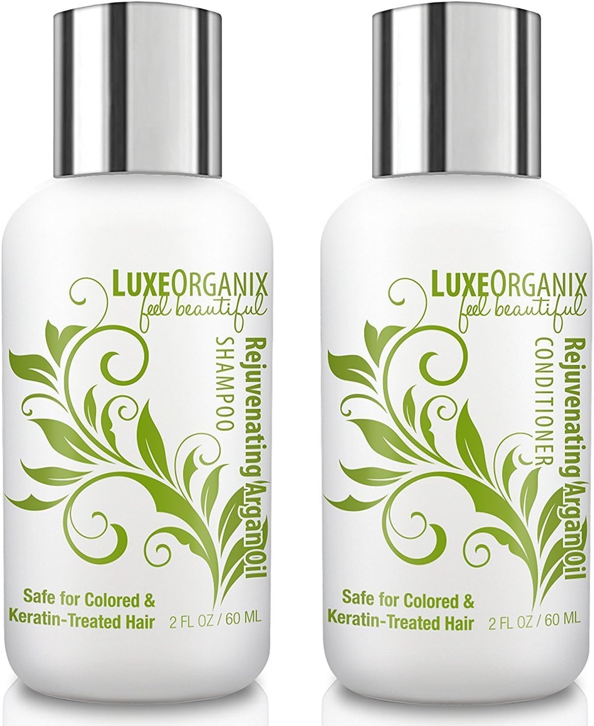 LuxeOrganix Travel Shampoo and Conditioner Set: TSA Approved, Cruelty and Sulfate-Free. Safe for Color Treated, Keratin Treated Hair. Travel in Luxury With Moroccan Argan Oil (2.0 Ounces Each)