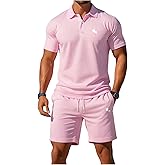 WDIRARA Men's 2 Piece Outfit Short Sleeve Collared Shirt Shorts Set Athletic Tracksuits Pink Medium