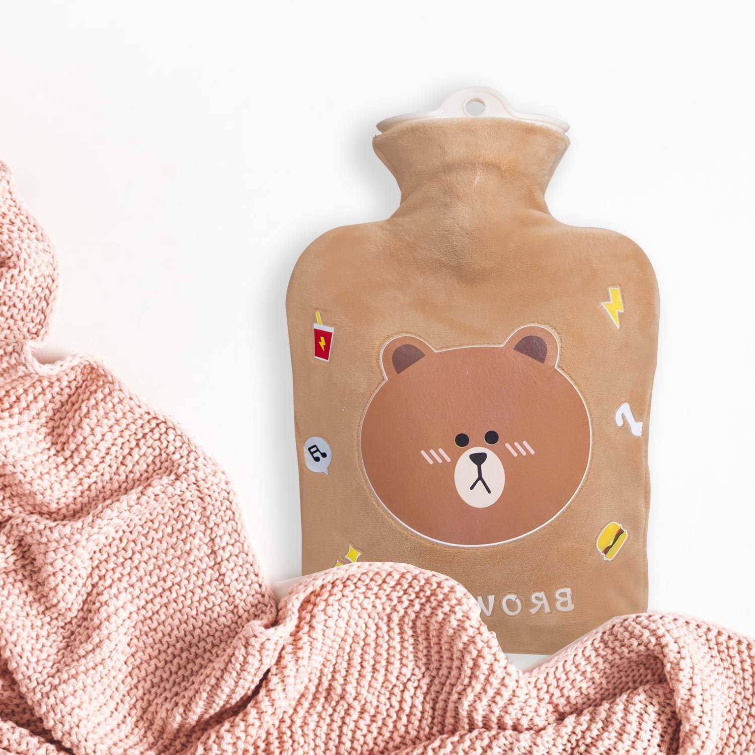 Hot Water Bottle, 1 Liter Water Bag with Cute Fleece Cover, Brown Bear: Health & Personal Care