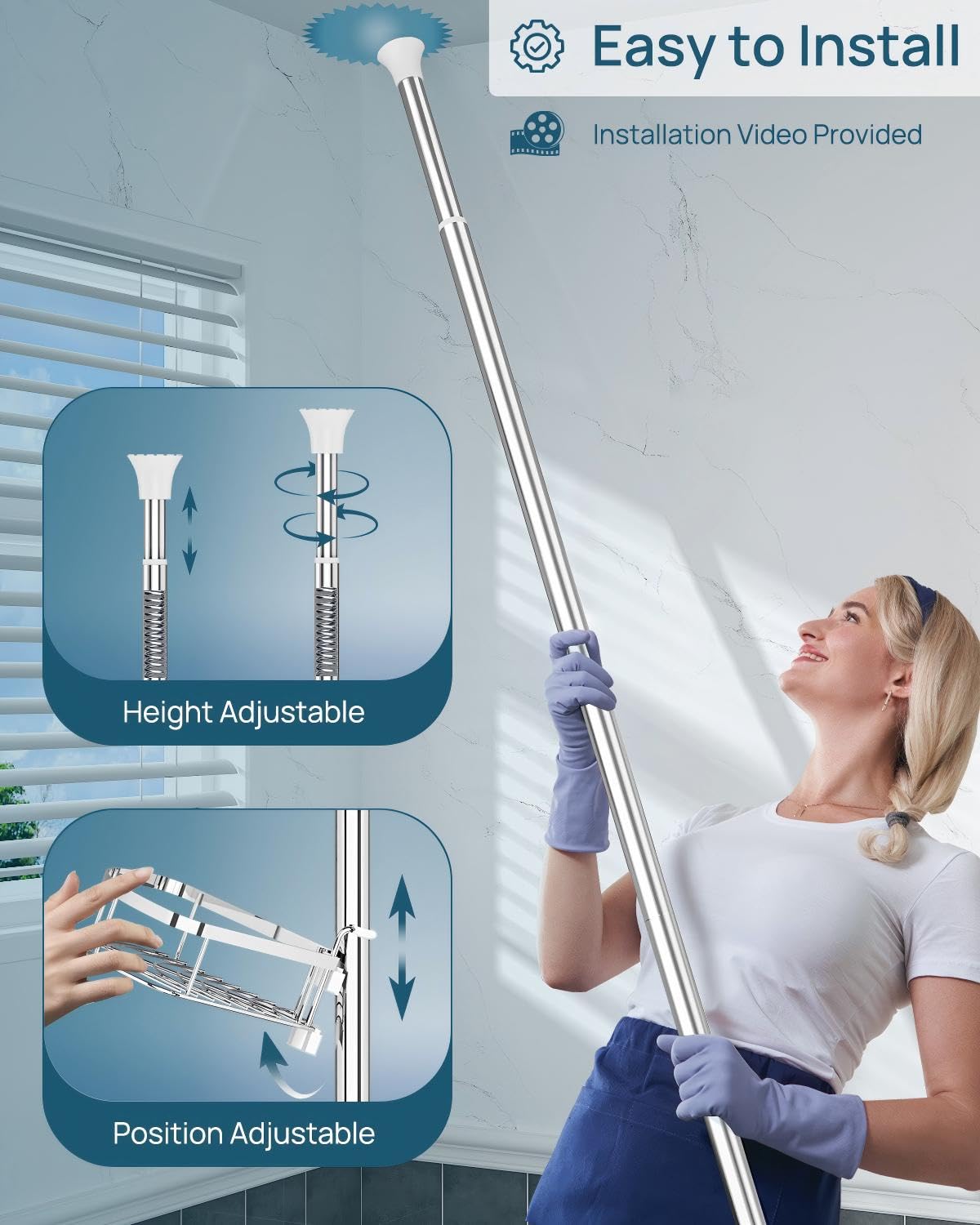 SEIRIONE Organizador de esquina de ducha inoxidable para baño, 4 estantes ajustables con poste de tensión, para bañera, champú, accesorios de almacenamiento, 34 a 116 pulgadas de altura