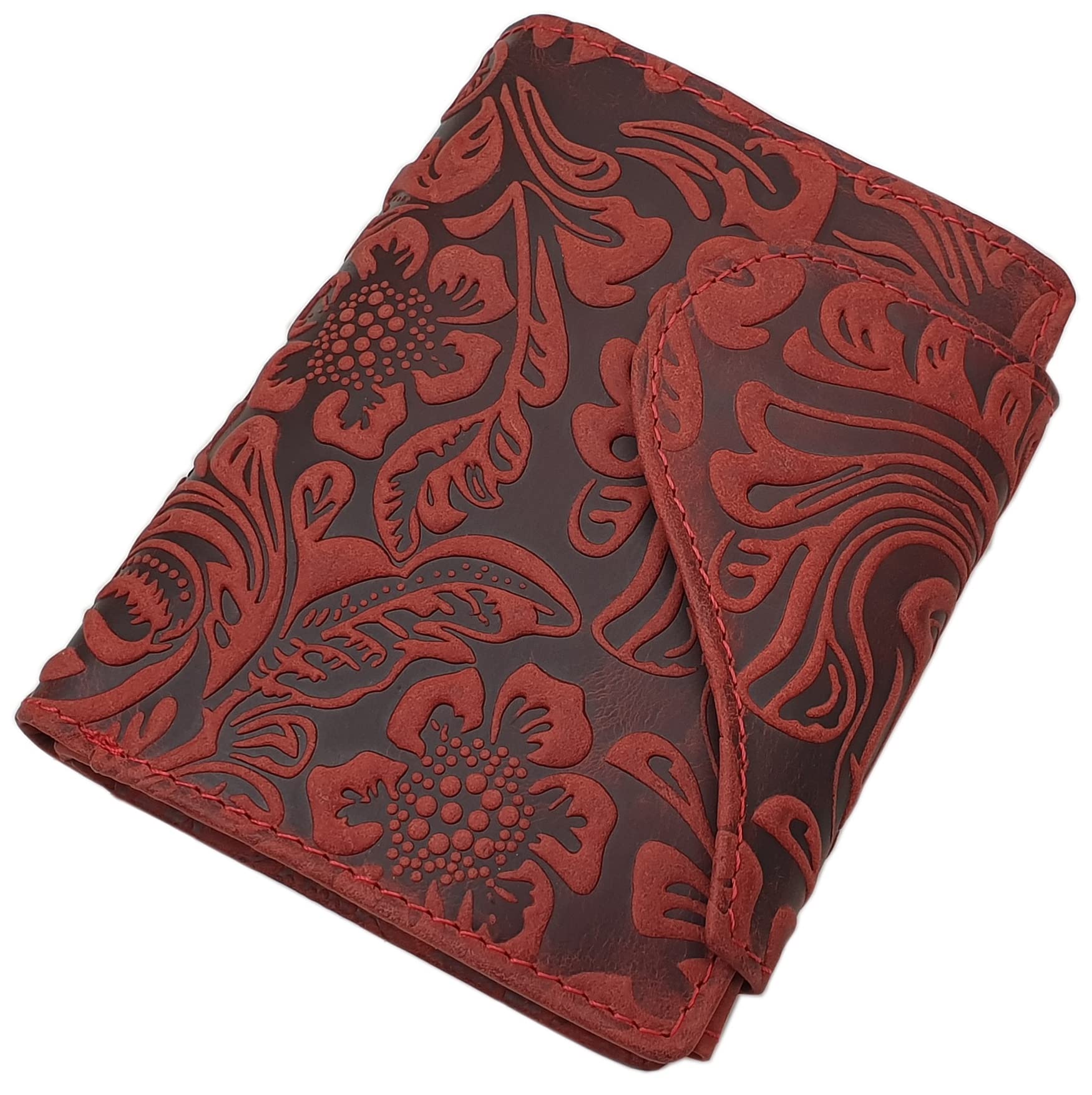 myledershop Leather Womens Purse with Beautiful Liana Pattern with External Latch with RFID & NFC Blocking (Cherry Red)