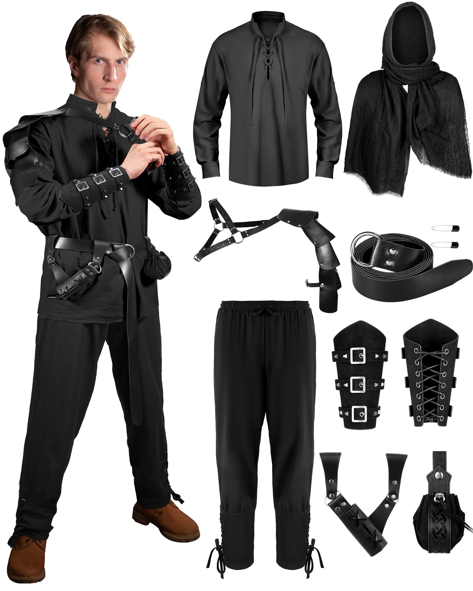 Photo 1 of Panitay 8 Pcs Men's Renaissance Costume Set Halloween Medieval Viking Shirt Pant Belt Cape Bracer Sword Bag(Large,Stylish Color)