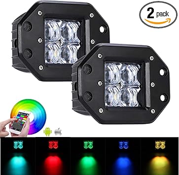 Amazon Com Chelhead 2 Pcs 20w Rgb 5d Spot Led Work Light Driving Light Flush Mount Off Road Led Lights With Muti Color Strobe Flashing And Music Function Controlled By Bluetooth Or Wiring Harness