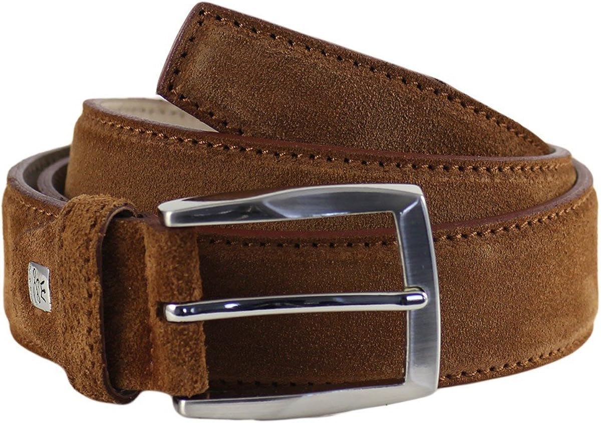 LINDENMANN Mens leather belt/Mens belt, suede leather belt curved, cognac, Größe/Size120