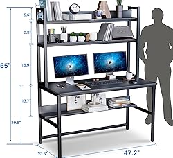 Computer Desk with Hutch and Bookshelves, Large Leg