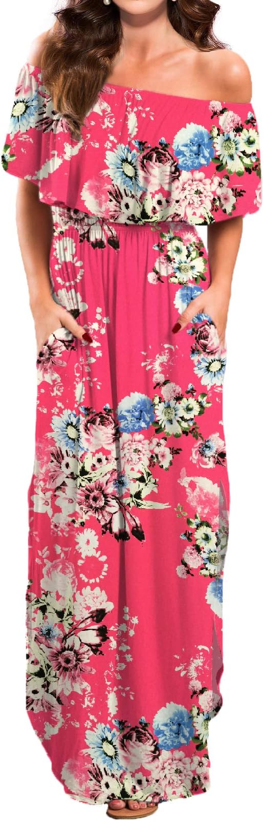 VERABENDI Women's Off Shoulder Summer Casual Long Ruffle Beach Maxi Dress with Pockets