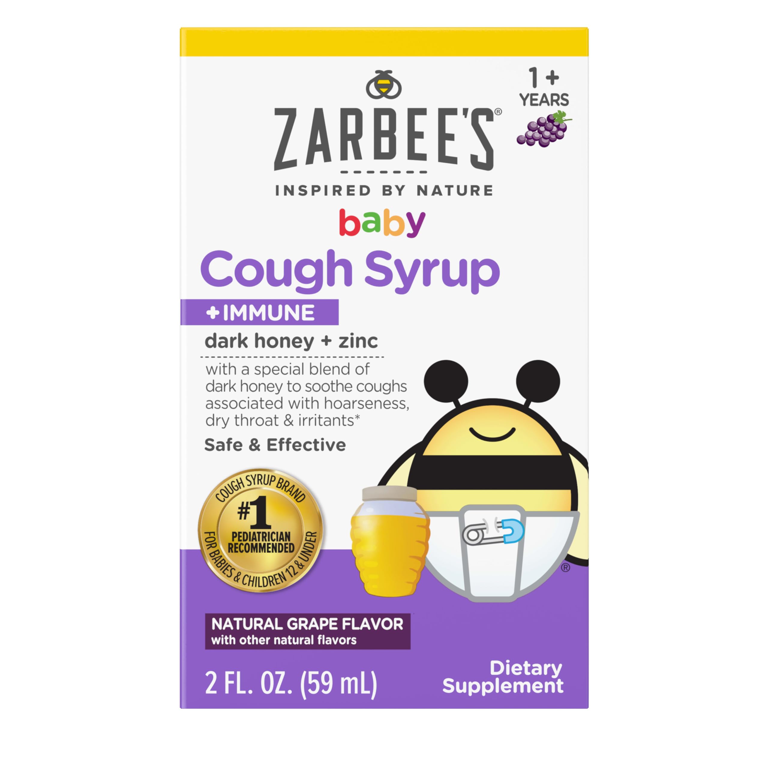 Zarbee's Baby Honey Cough Syrup + Immune for Babies 12-24 Months, Safe & Effective Cough Syrup with Soothing Dark Honey & Zinc for Immune Support*, Drug & Alcohol-Free, Grape, 2 fl. Oz