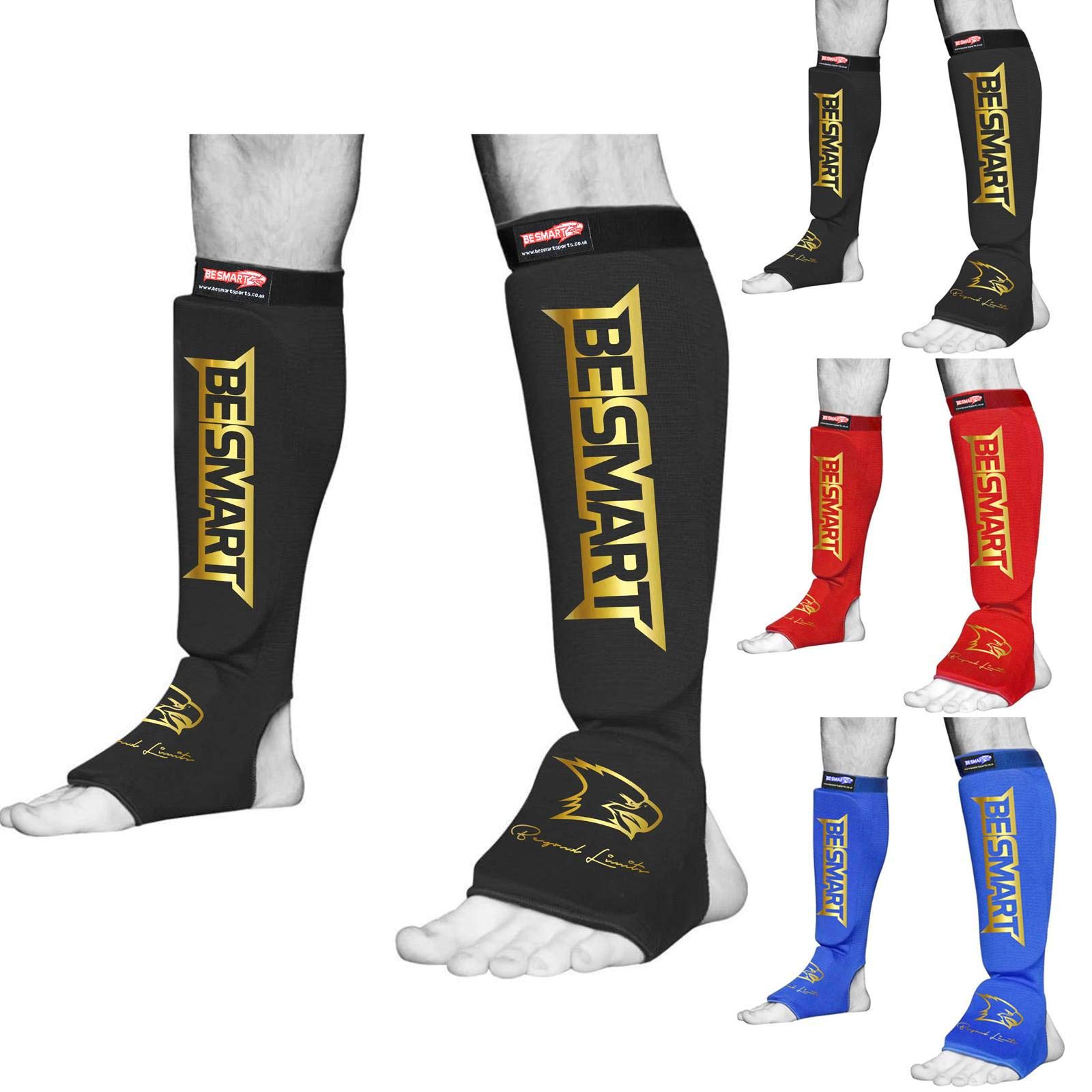 BeSmart Shin Instep Pads MMA Leg Foot Guards Muay Thai Kick Boxing Guard Protector (Black/Gold, Large)