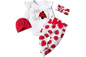 TyeSmo Infant Newborn Baby Girl Clothes Set White Ruffle long-sleeve Top + Pants + Headband + Hat 4pcs 0-6M Baby Clothes
