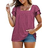 VISLILY Plus-Size-Summer-Tops for Women Petal Short Sleeve T Shirts Square Neck Tunics Flowy Pleated Blouses XL-5XL