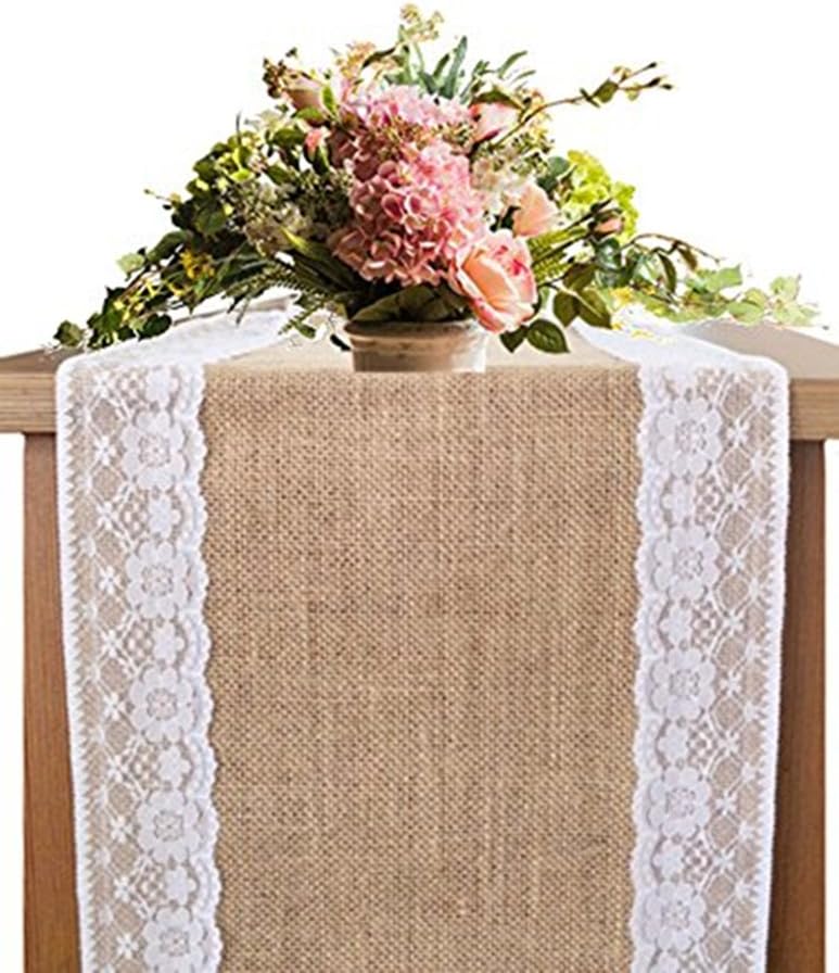 OZXCHIXU Burlap Lace Hessian Table Runner, Rustic Natural Jute Country Wedding Party Dining Table Decoration 12x96 inches