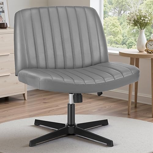 OLIXIS Criss Cross Chair,Comfy Cross Legged Office Desk Chair No Wheels,Modern PU Leather Swivel Adjustable Height Mid Back Wide Seat for Home Office Computer Makeup Vanity Task(Gray)