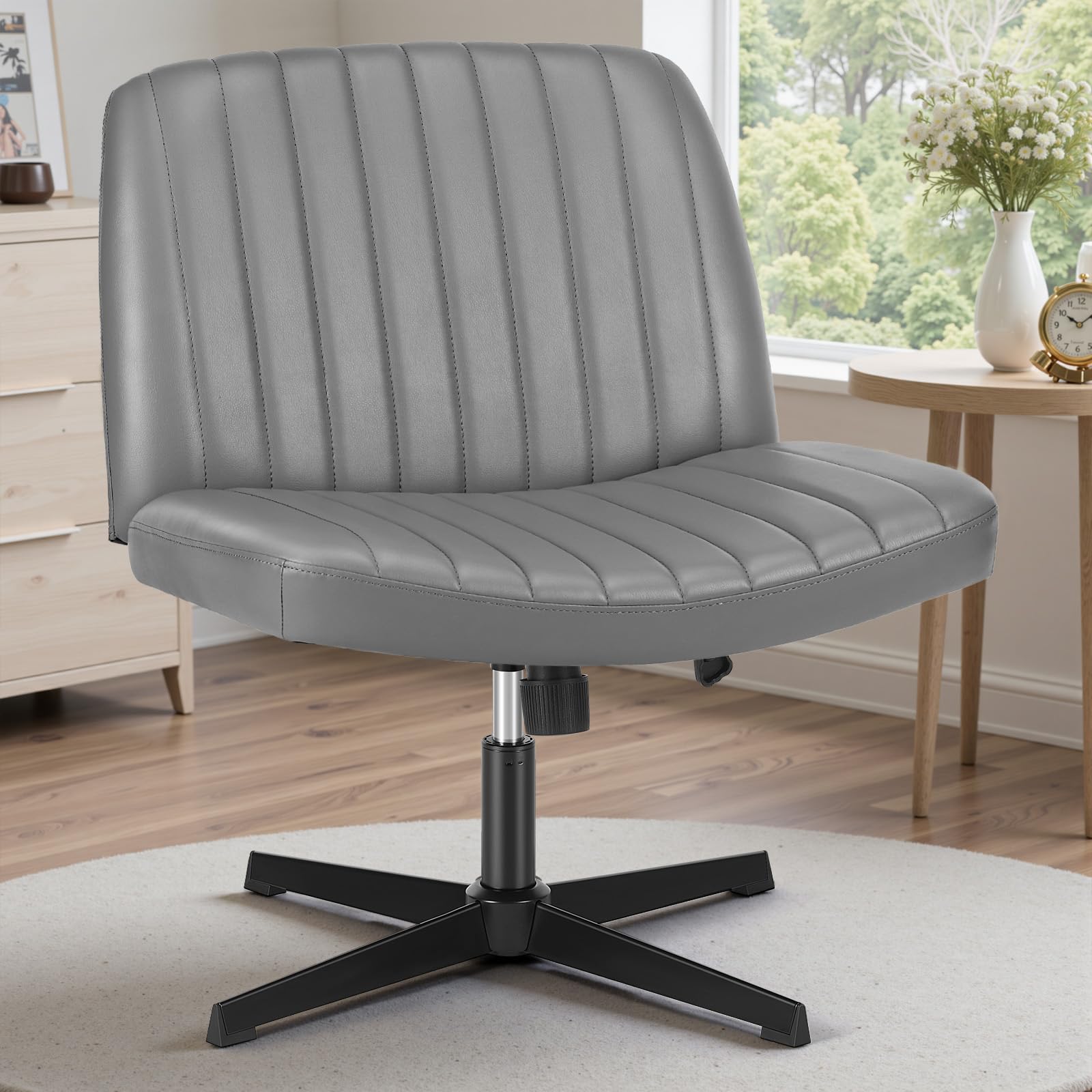 OLIXIS Criss Cross Chair,Comfy Cross Legged Office Desk Chair No Wheels,Modern PU Leather Swivel Adjustable Height Mid Back Wide Seat for Home Office Computer Makeup Vanity Task(Gray) Image OLIXIS Criss Cross Chair,Comfy Cross Legged Office Desk Chair No Wheels,Modern PU Leather Swivel Adjustable Height Mid Back Wide Seat for Home Office Computer Makeup Vanity Task(Gray) Image