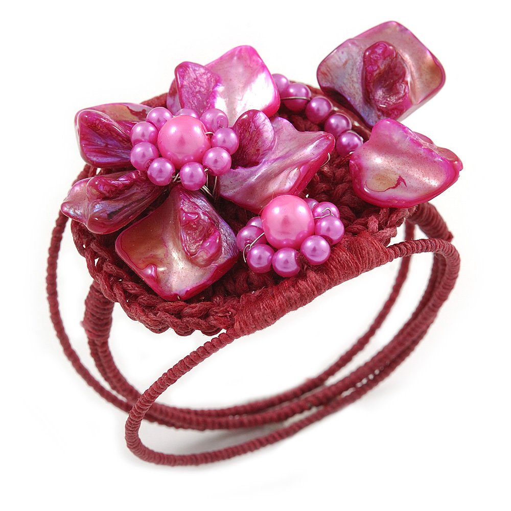 Avalaya Fuchsia Pink Shell Bead Flower Wired Flex Bracelet - Adjustable
