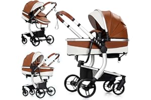 SUTTONBEBE PU Leather 2 in 1 Baby Stroller with Bassinet Reversible Portable Standard Baby Stroller Convertible Pushchair Infant Buggy Baby Carriage Foldable High Landscape Pram Toddler Newborn (2US518-Khaki)