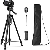 鶹 Basics 60" Tripod for Camera and Phone with Travel Bag, Remote Control and Phone Holder, Height Adjustable, Black
