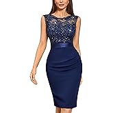 Miusol Women's Retro Scoop Neck Sequin Floral Lace Cocktail Ruffle Slim Fit Mini Dress
