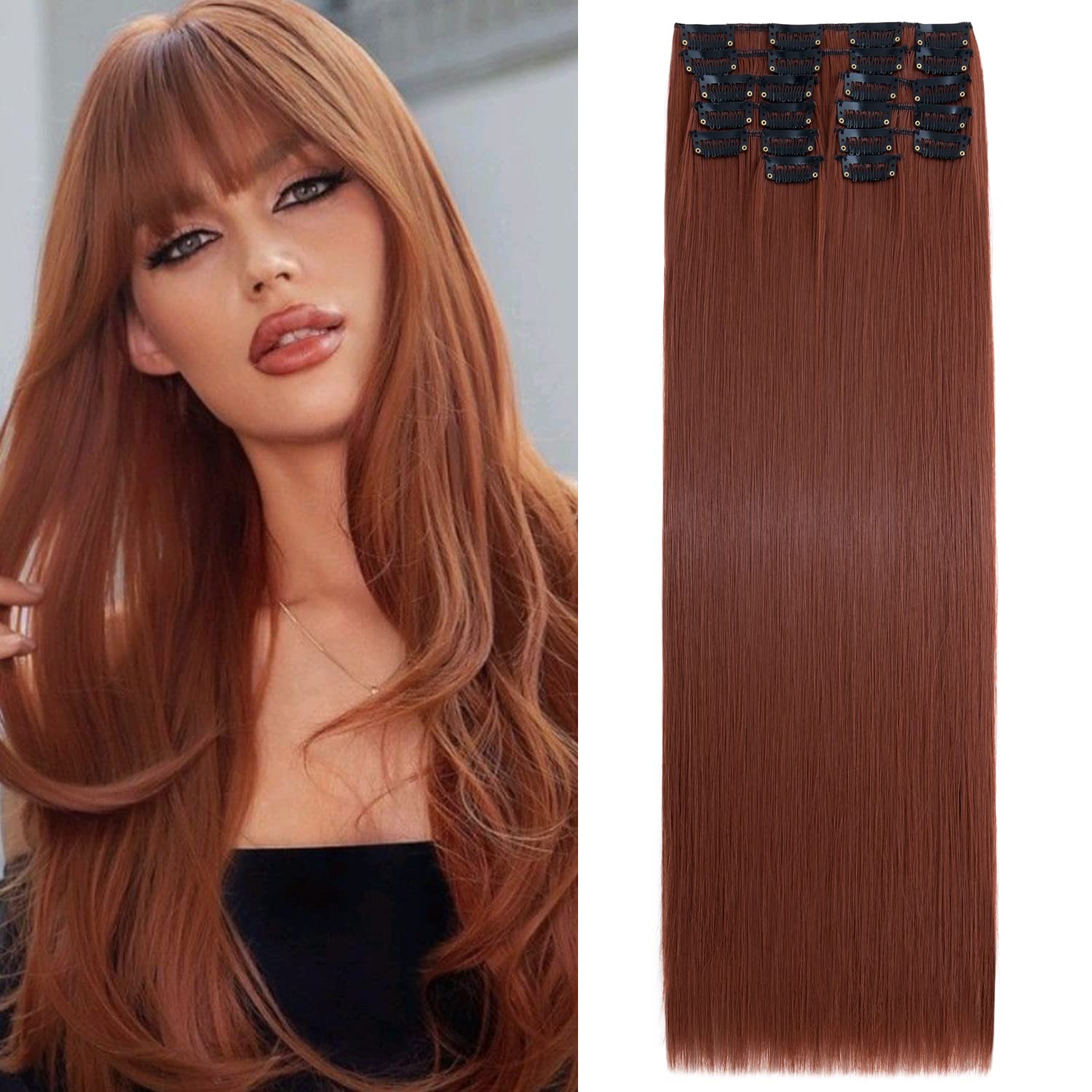 S-Noilite 22 Inches Long Straight Hair Extensions Clip in Full Head 12PCS Hair Extensions Clip on Synthetic Fiber Hairpieces for Women - Wine Red โ image 1