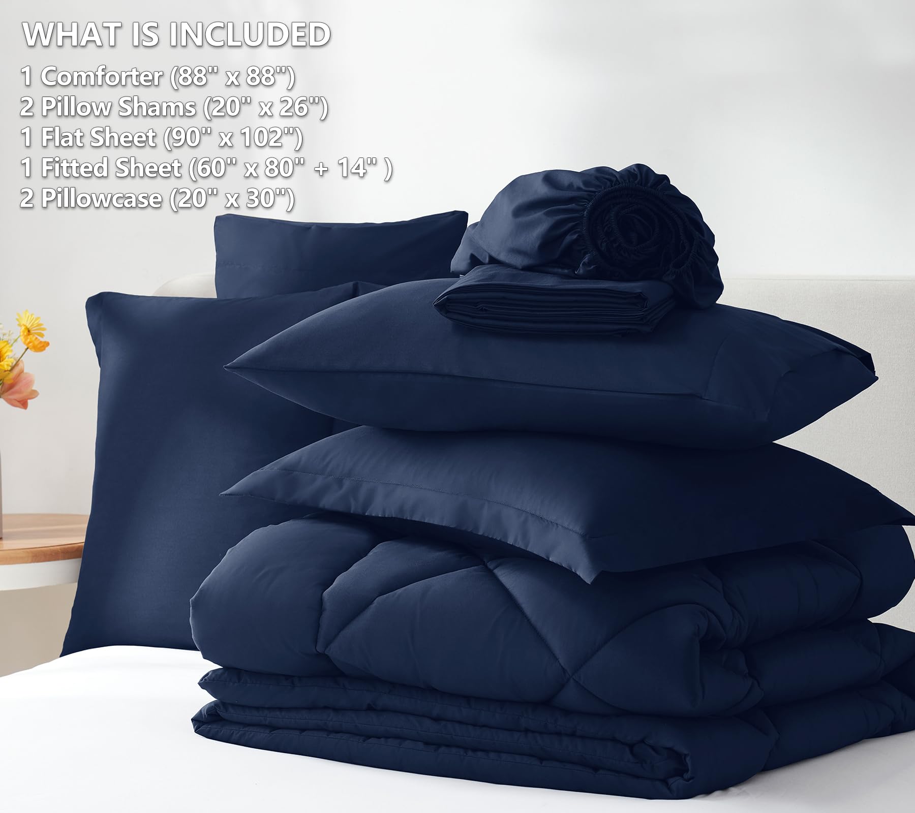 CozyLux Queen Comforter Set Navy Blue - Bed in a Bag Queen Size 7 Pieces, Luxury Soft Bed Set for All Seasons, Bedding Set with Down Alternative Comforter, Sheets, Pillowcases & Shams