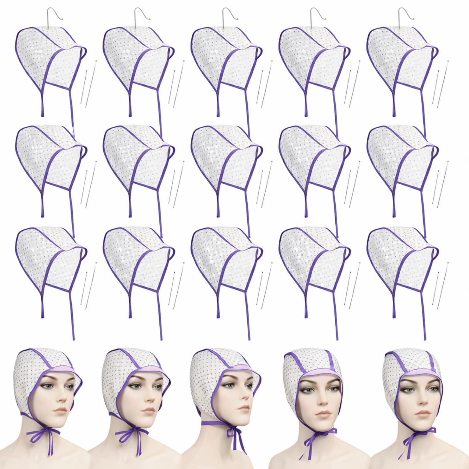 20 Pieces Hair Highlight Cap Kit Disposable Highlight Tipping Cap Salon Hair Coloring Dyeing Hair Cap with 2 Pieces Metal Hooks for Salon and Home Use Hair Highlighting Coloring Supplies (Purple)