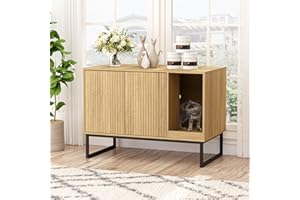 FIVEWILLOWISE Cat Litter Box Enclosure, Fluted Hidden Litter Box Furniture with Scratch Pad and Metal Legs, Modern Enclosed Cat Cabinet, 31.5 x 17.7 x 21.7 Inches Indoor Pet House for Living Room, Washroom, Natural