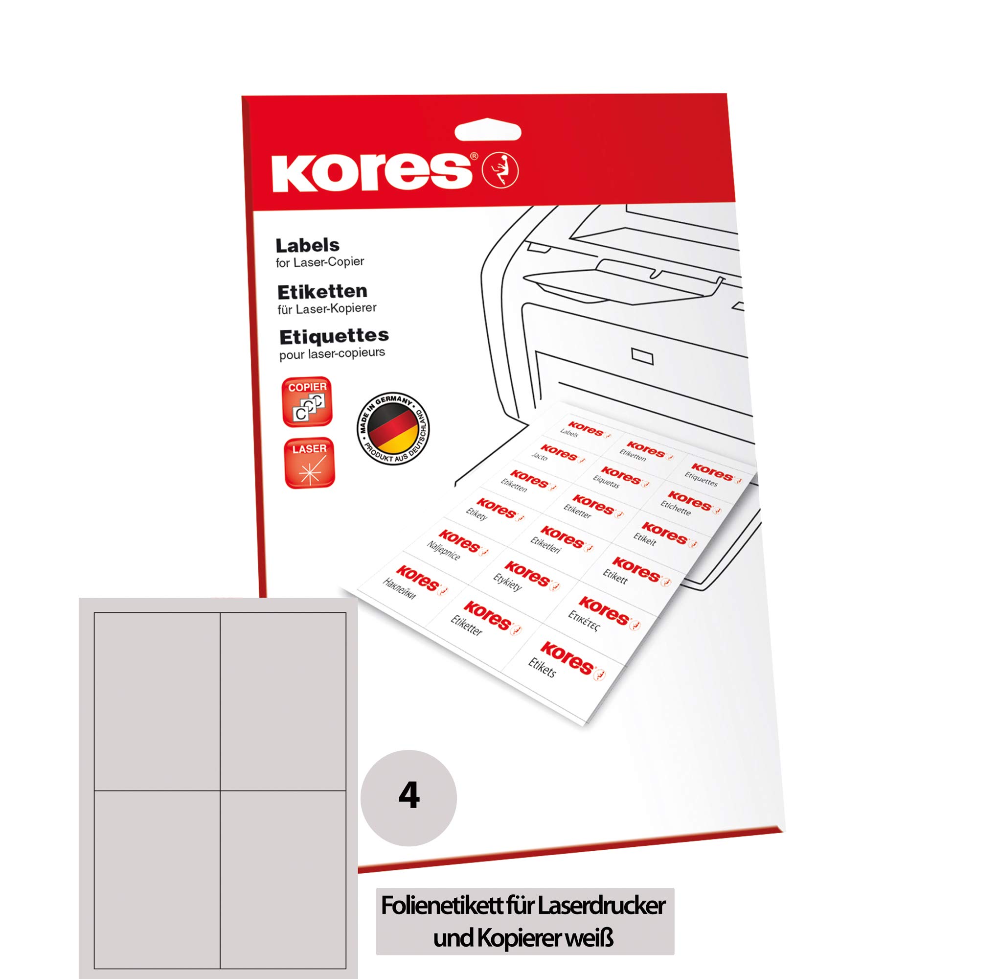 Kores Film Labels White Laser + Copier 105.0 x 148.0 mm 10 Sheets 40 Labels Tear-Resistant Waterproof Washable