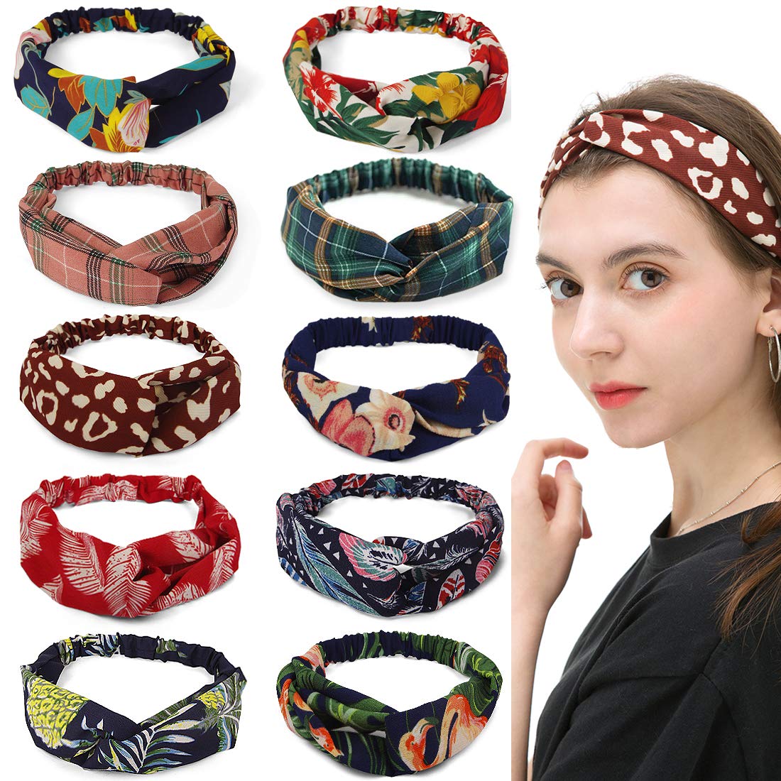10 Pack Boho Headbands Headwraps for Women Girls, Vintage Flower Hair Bands Head band, Elastic Twisted Criss Cross Turban Head Wrap Cute Hair Accessories (2020 Update Patten) grid