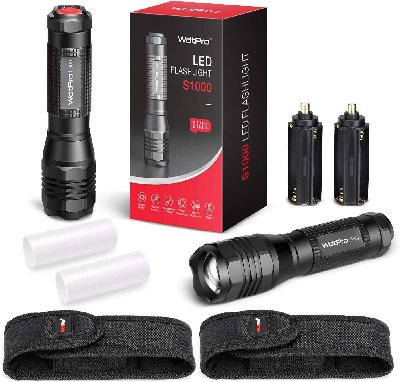 WdtPro LED Tactical Flashlight S1000 Upgraded - High Lumen, 3 Modes, Zoomable, Water Resistant, Flash Light - Ultra Portable Flashlights with Premium Holster for Camping, Gift, Emergency - - 