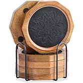 Wood Coasters for Drinks Absorbent with Lip, 4.3 Inch Rustic Acacia Wood Black Felt Coaster with Holder for Wooden Coffee Table for Cups, Mugs, and Glasses - Set of 6
