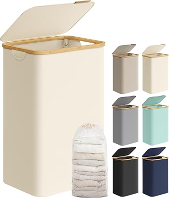 Cesto de Ropa Sucia con Tapa, Gran Cesta Ropa Sucia, 90 L, Forro de Malla Extraíble, Tejido Oxford, Asas Bambú, Plegable, 42 x 32 x 70,5 cm, Blanco Crema LCB509W01