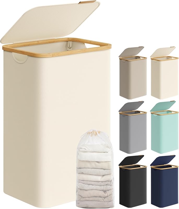 Cesto de roupa com tampa, Cesto Grande de Roupa, 90 L, Forro de Rede Removível, Tecido Oxford, Cabos de Bambu, Dobrável, 42 x 32 x 70,5 cm, Branco Creme LCB509W01